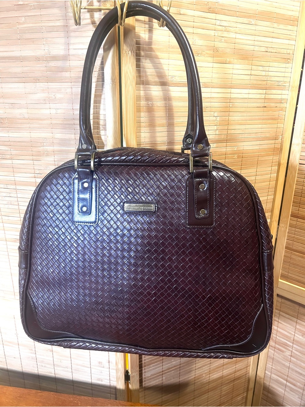 Adrienne Vittadini Brown Woven Dome Satchel Laptop Bag